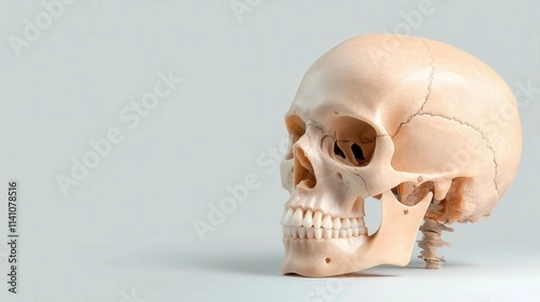 Fototapeta This 3D anatomy model presents a realistic human skull, highlighting detailed cranial bones and sutures, ideal for educational use in anatomy studies or health-related fields
