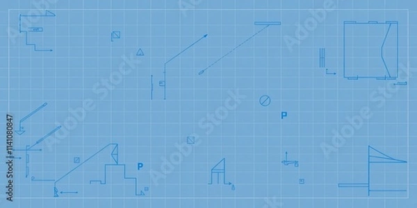 Fototapeta A creative blue print photo effect featuring architectural plans and geometric shapes, illustration, blueprint effect, digital