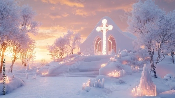Fototapeta Snowy church at sunset with glowing cross and candles.