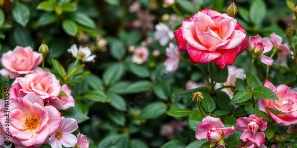 Fototapeta Rose flower with leaves forming a beautiful frame, natural, garden, delicate