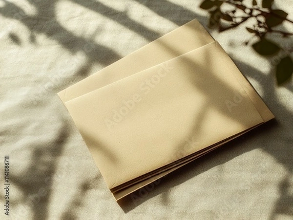 Fototapeta A blank kraft paper mailer mockup is positioned flat on a soft beige table, showcasing a minimalistic texture and subtle studio shadows across the surface