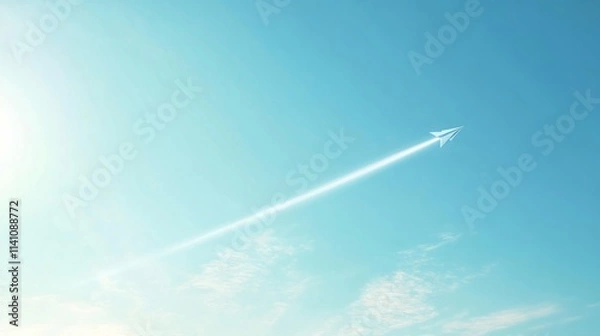 Fototapeta Origami paper airplane flying across a clear blue sky, with a trail forming soft white lines generative ai