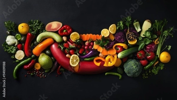 Fototapeta Vibrant heart-shaped design created from various fruits and vegetables.