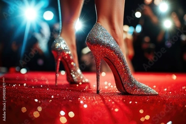 Fototapeta Close-up of glamorous silver high-heeled shoes adorned with glitter, walking on a red carpet.
