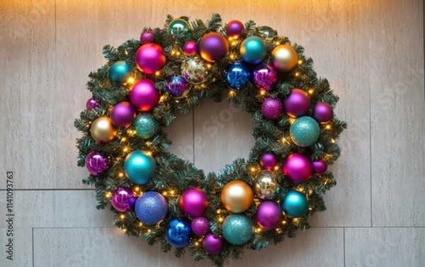 Fototapeta A festive Christmas wreath with colorful ornaments and sparkling lights on a modern door