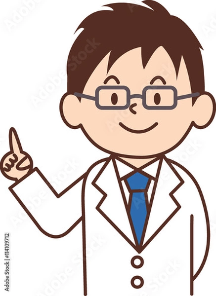 Fototapeta 指差しをする男性医師のイラスト　シンプル　指差し　メガネ　聴診器　ネクタイ　白衣