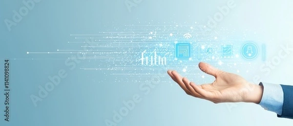 Fototapeta Futuristic Hand Reaching Out with Digital Icons Representing Technology, Connectivity, and Innovation Concepts