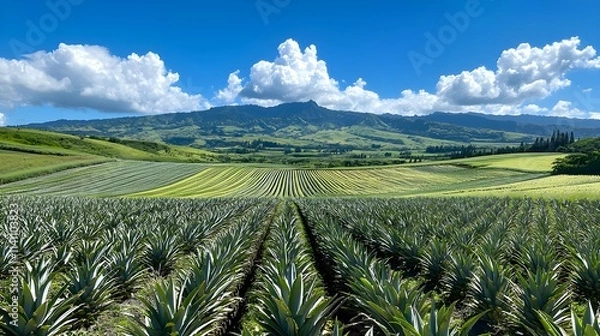 Fototapeta Pineapples in various stages of ripeness in a large field, showcasing healthy growth, blue skies, and lush greenery in the background