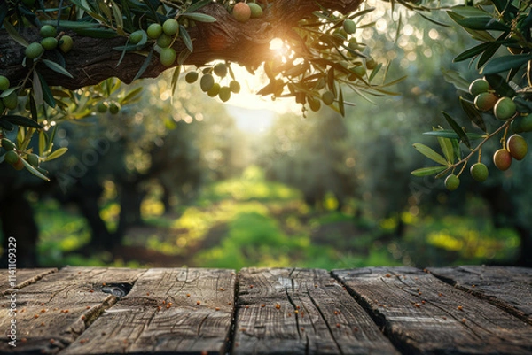 Fototapeta Old wooden table for product display with natural green olive field bokeh background. ,.     