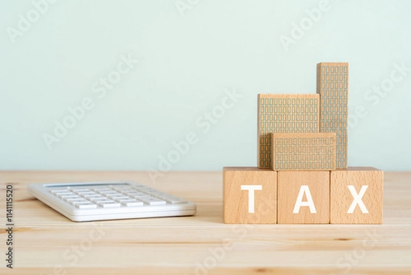 Obraz TAXと書かれたブロックと電卓、マンションの模型