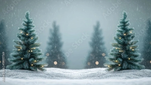 Obraz Snowy Winter Scene with Christmas Trees and Soft Bokeh Lights