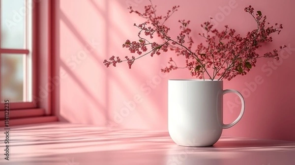 Fototapeta A white mug with small pink blossoms sits on a pink surface, bathed in sunlight near a window.