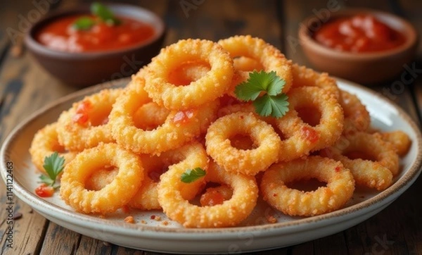Fototapeta Crispy onion rings with dipping sauce.
