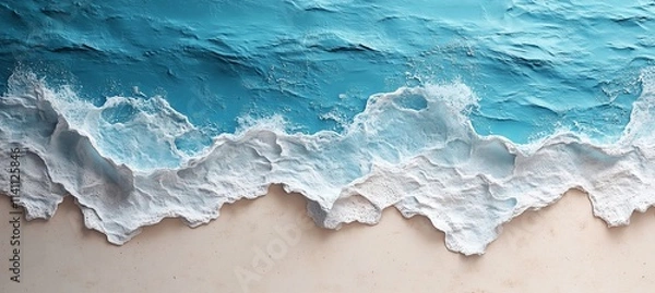 Fototapeta Serene ocean waves gently lapping on a sandy shore.  The textured painting showcases beautiful blues and whites.