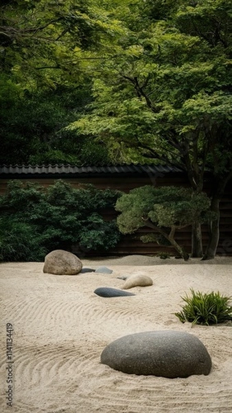 Fototapeta A tranquil zen garden with raked sand and smooth stones.