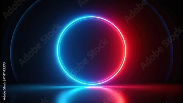 Fototapeta Neon light blue and red circle on a black background, futuristic template for product presentation, neon, light, blue