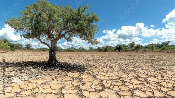 Fototapeta Climate change turns once-verdant agricultural areas into barren land, with global warming intensifying heatwaves and reducing water availability.