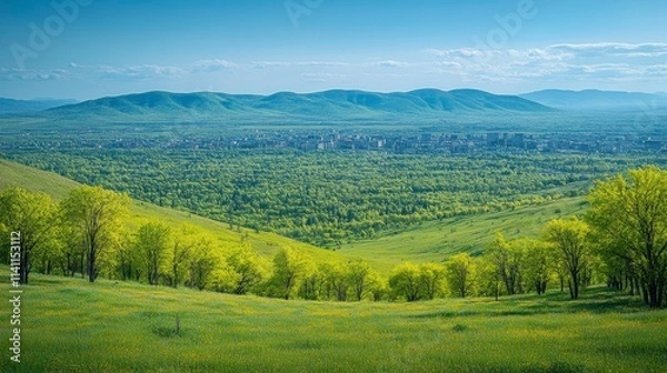 Fototapeta A lush green slope dotted with trees, with a cityscape in the background, creating a visual blend of natural beauty and modern architecture.