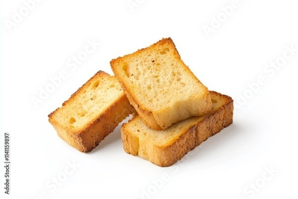 Fototapeta Crispy golden bread slices on white background: fresh bakery delight