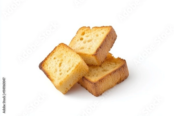 Fototapeta Three golden brown toasted bread slices on white background