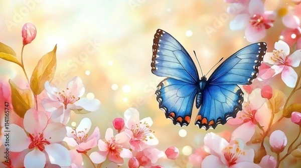 Fototapeta Blue Butterfly on Pink and White Blossoms with Sunlight and Bokeh Background