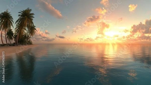 Fototapeta Serene Tropical Sunset Over Calm Ocean with Palm Trees and Soft Clouds