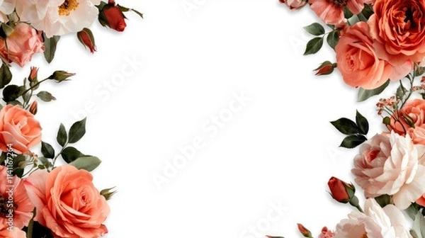 Fototapeta Pink floral frame with copy space: A romantic pink backdrop with roses framing a blank area in the center for personalized messages