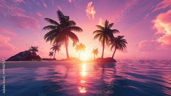 Fototapeta Sunset Over Tropical Beach with Palm Trees and Colorful Sky