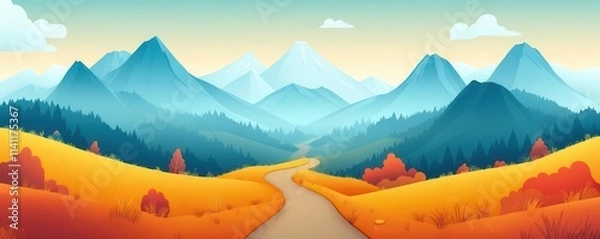 Obraz Cartoon-style flat mountain trail scene, triadic color scheme, playful and bright for youth-focused outdoor content, cartoon mountains, playful design