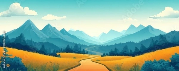 Obraz Cartoon-style flat mountain trail scene, triadic color scheme, playful and bright for youth-focused outdoor content, cartoon mountains, playful design