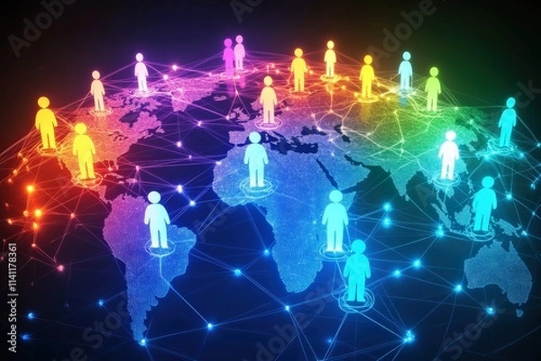 Fototapeta Global connectivity through digital networks people interacting in a virtual world infographic view modern technology concept
