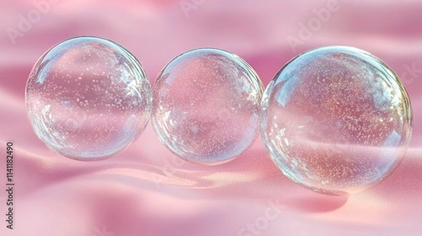Fototapeta 3D render of floating soap bubbles, holographic liquid blobs, and metaballs, creating an abstract and fluid art scene with soft reflections and vibrant colors.