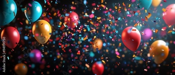 Fototapeta Colorful balloons and confetti on a dark background. (1)
