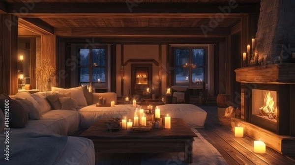 Fototapeta Cozy winter chalet living room with fireplace and candles.