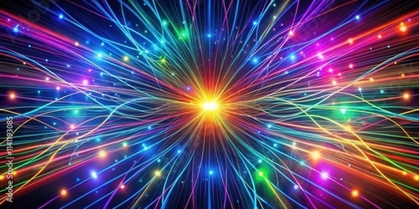 Obraz Glowing lines particles flowing in multi-color strings and rays backdrop background, glowing, lines, particles, flow