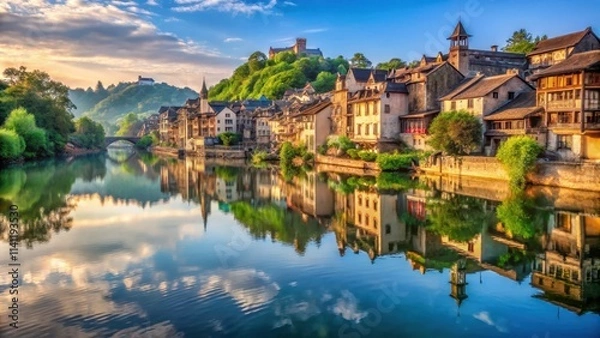 Fototapeta A tranquil ancient town reflecting in the calm waters of a river , ancient, town, reflection, old, historic, vintage