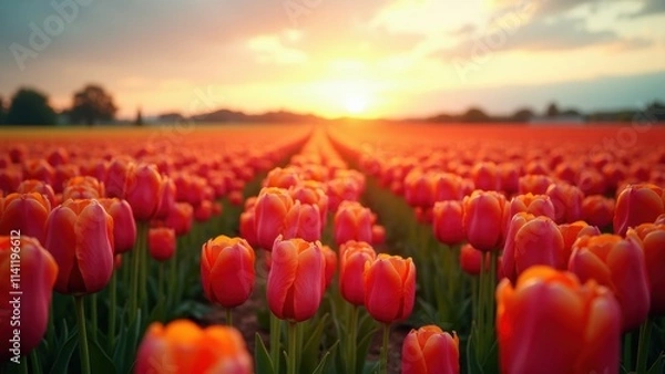 Fototapeta field of tulips at sunset