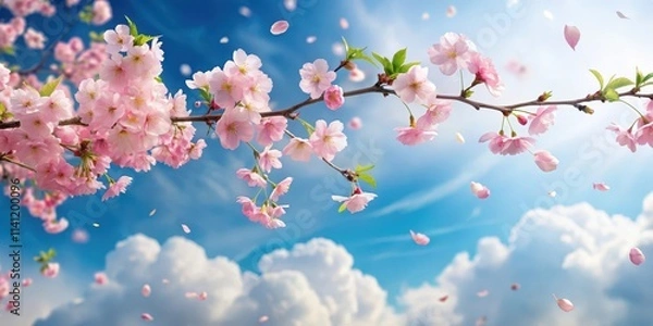 Obraz Soft pink sakura petals fall gently from a bare branch against a calm blue sky with fluffy white clouds and lush greenery in the background , spring, flowers