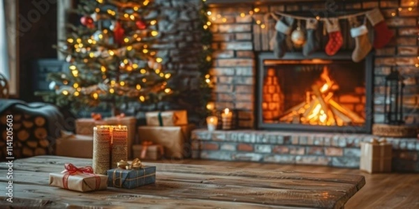 Fototapeta Cozy living room decorated for Christmas, glowing fireplace surrounded by beautifully wrapped presents, festive tree adorned with lights and ornaments, inviting holiday atmosphere, warm ambiance.