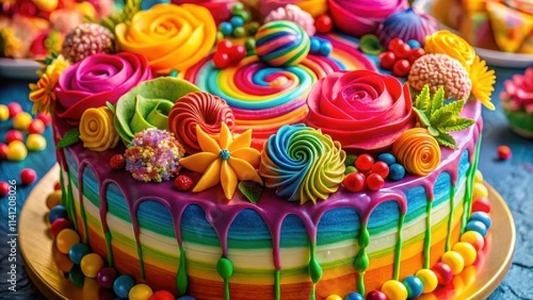 Fototapeta Vibrant, multicolored cake with swirled frosting and decorated with candy, flowers and other edible decorations, colorful dessert, colorful confectionery