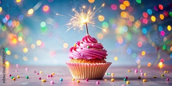 Fototapeta A sweet pink cupcake with a bright sparkler on top, surrounded by colorful confetti and candles