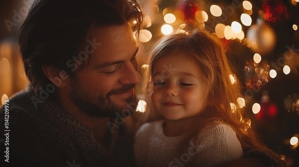 Obraz Cozy family decorating Christmas tree together with joyful daughter and happy parents enjoying festive activities at home