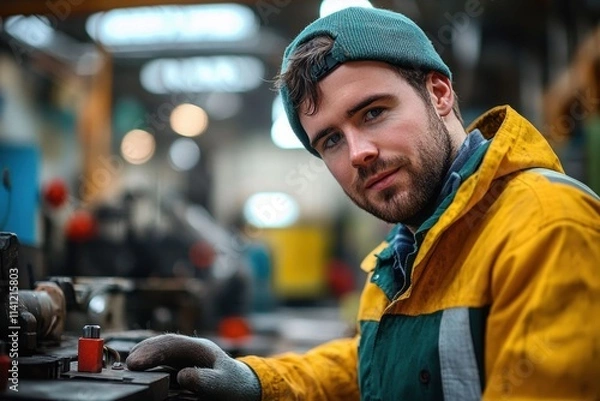 Fototapeta Young man with Down syndrome working happily in industrial factory integrating into diverse workforce