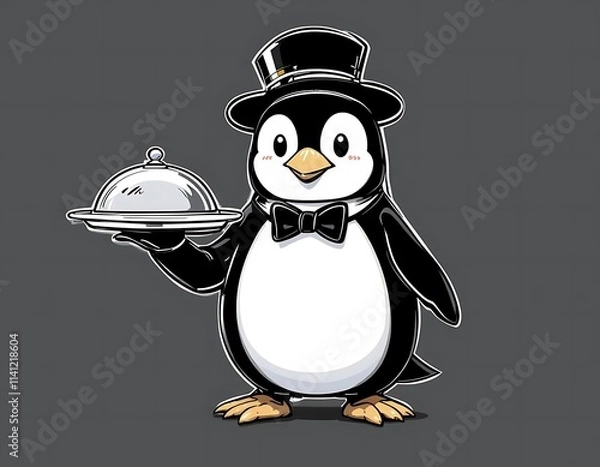 Fototapeta A penguin dressed as a waiter with a bowtie and a tray. vector line