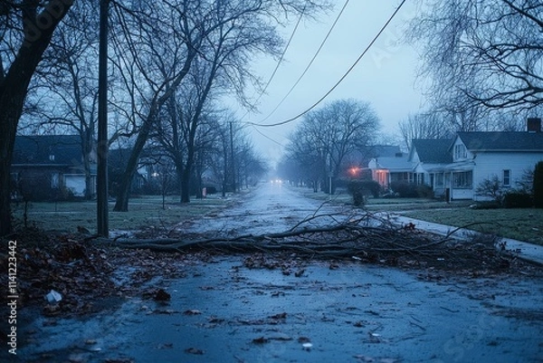 Fototapeta Trees and branches scattered on the ground in the front yard after a storm, with a fallen power line, nearby houses, and a small-town street in the background.