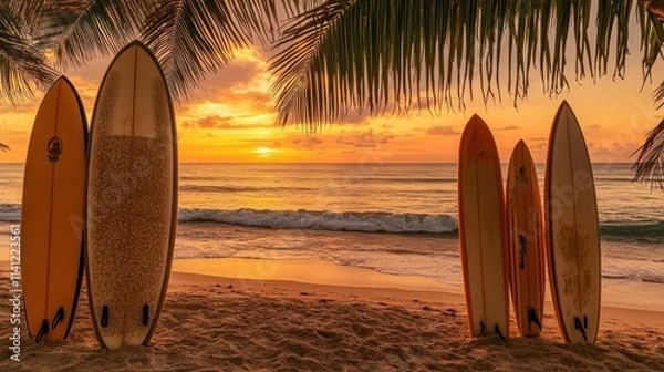 Fototapeta Surfboards stand on a sandy beach at sunset, under palm trees.