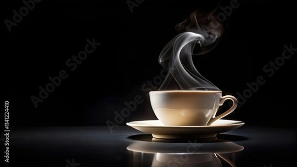 Fototapeta Aromatic steam rises gracefully from a warm beverage in an elegant cup and saucer, set against a dramatic dark background.