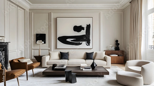 Fototapeta A monochrome living room with neutral furniture and a single abstract artwork, highlighting contrast and balance
