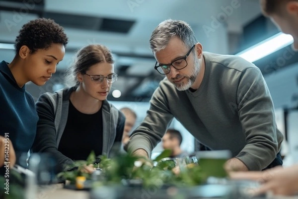 Fototapeta Professor guiding students in a botany class.