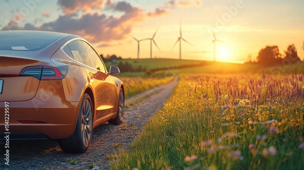 Obraz sleek orange car on countryside road at sunset, with wind turbines in background